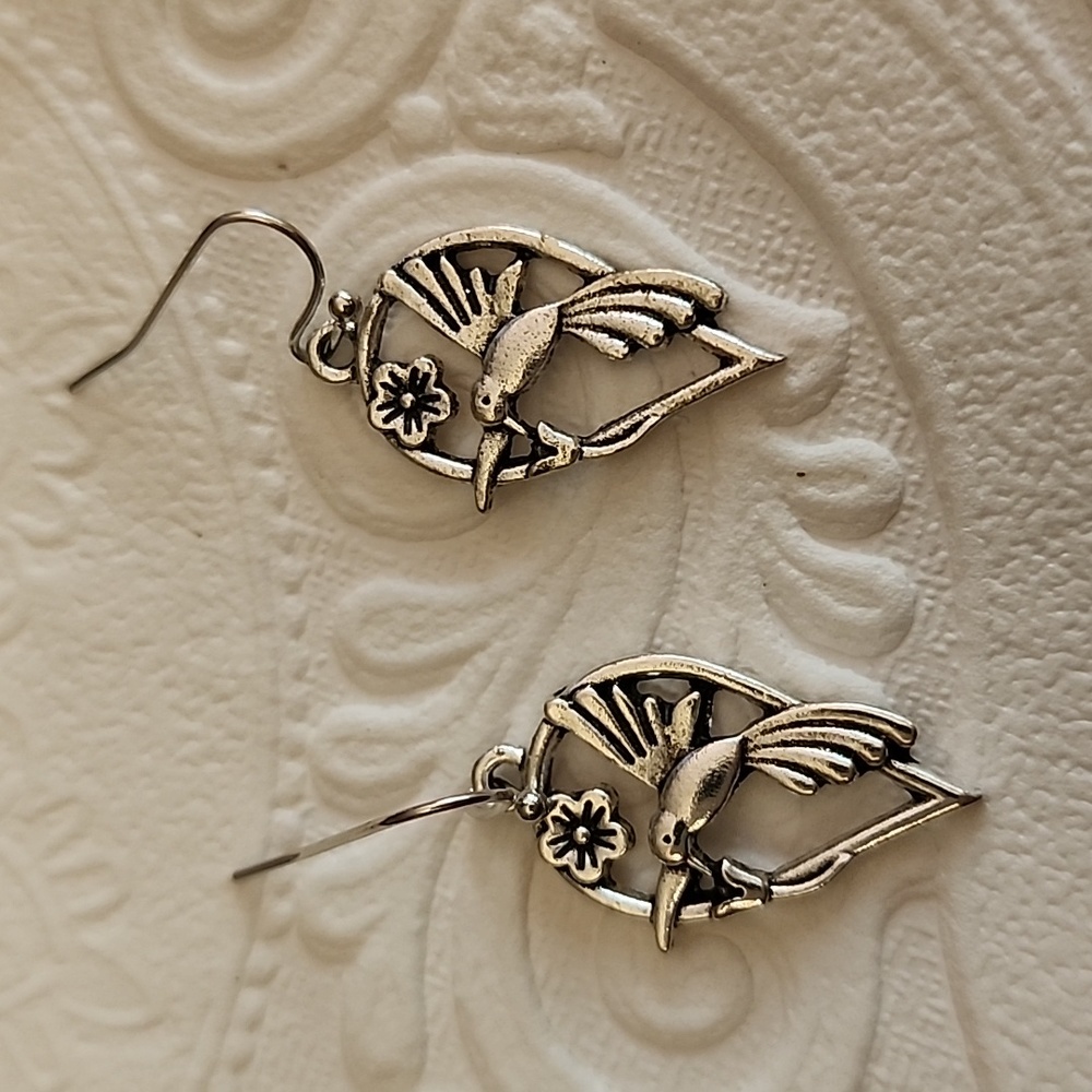 HummingBird Flower Dangle Earrings 925S Posts - Picture 1 of 3